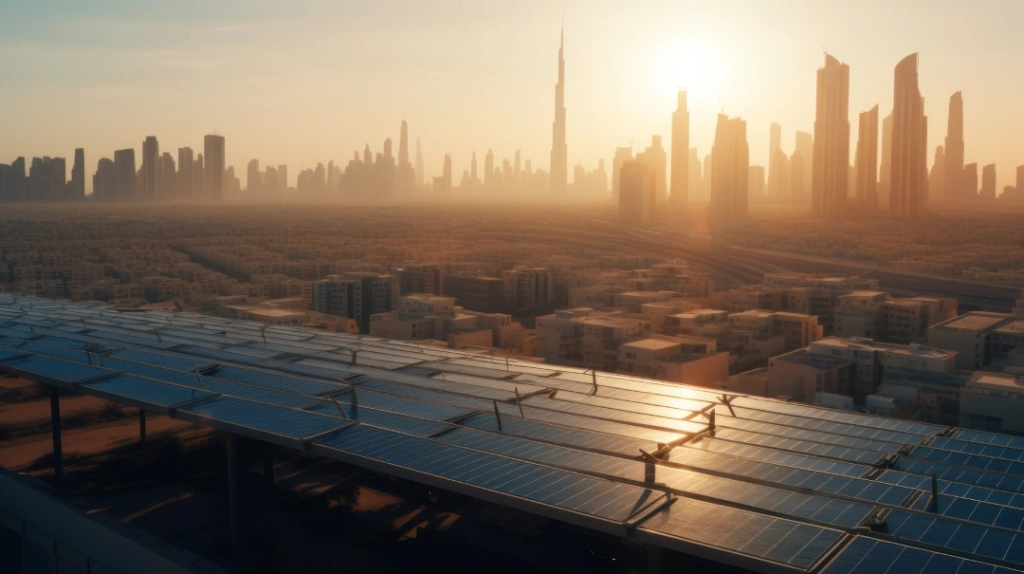 Image of Solar Panels: "Harnessing the sun's power, Dubai leads the charge in green energy investment."