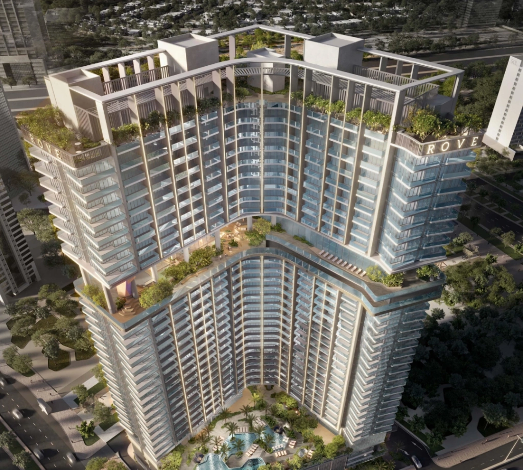 Artist's rendering of Rove Homes, an off-plan project in Business Bay, Marasi Drive, showcasing modern architecture and waterfront living.