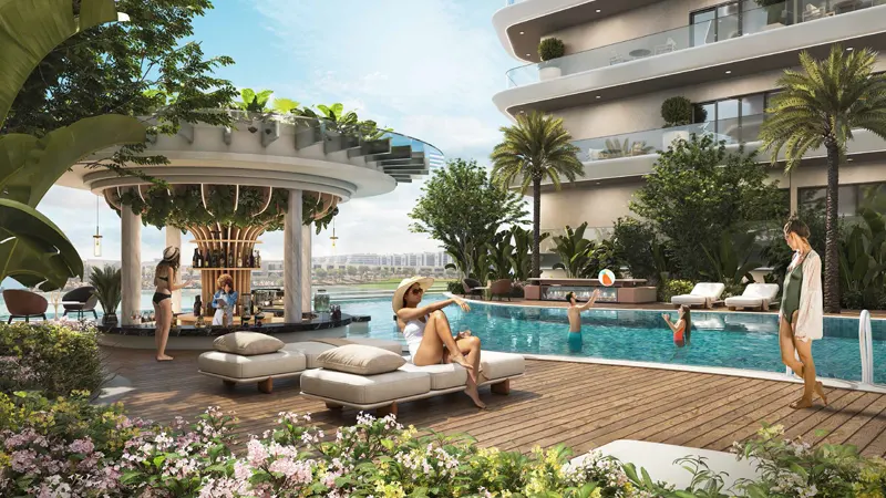 View of the swimming pool area in the ELO 3 community, an off-plan project at Damac Hills 2 by Damac in Dubai.