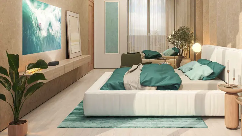 Interior view of the bedroom at ELO 3, an off-plan project at Damac Hills 2 by Damac in Dubai.