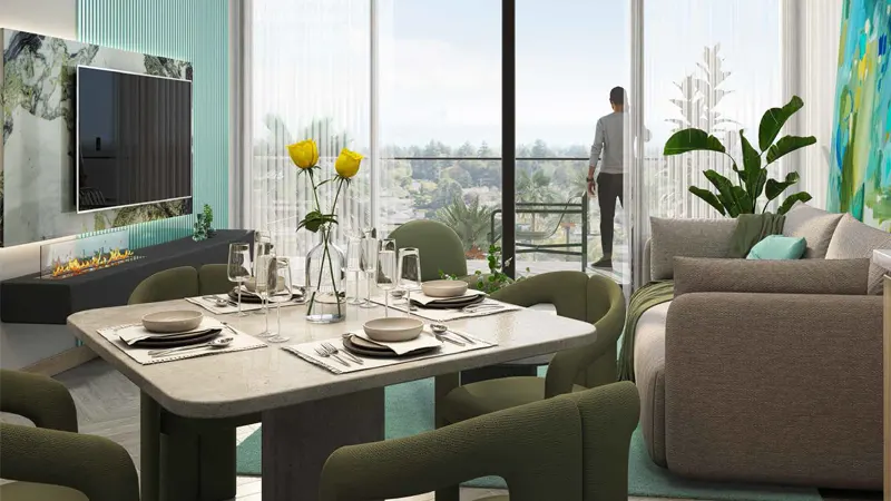 Spacious living room with large windows at ELO 3, an off-plan project at Damac Hills 2 by Damac in Dubai.