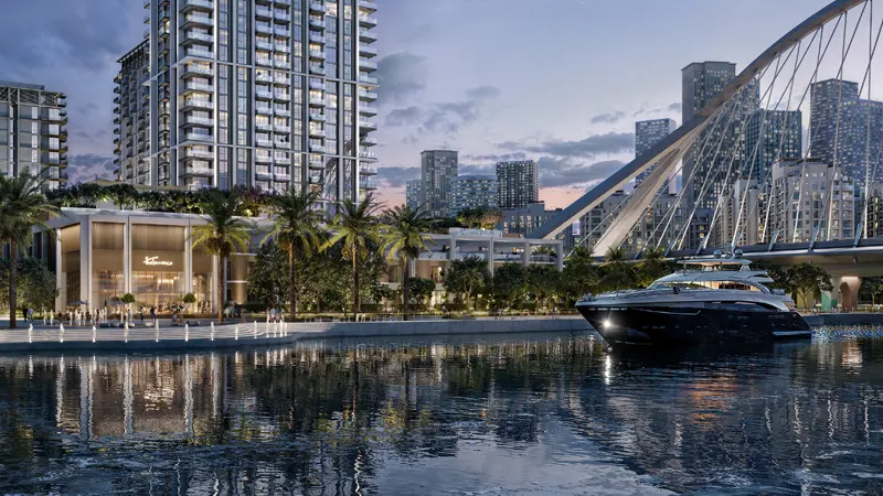 The serene seaside area of Creek Harbour as seen from Palace Residences Creek Blue, an off-plan project in Dubai.