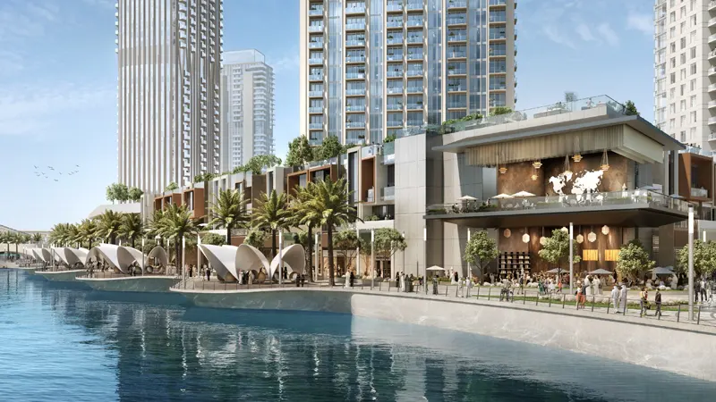 Private beach at Palace Residences Creek Blue, an off-plan project in Creek Harbour, Dubai, offering exclusive access to pristine sands.