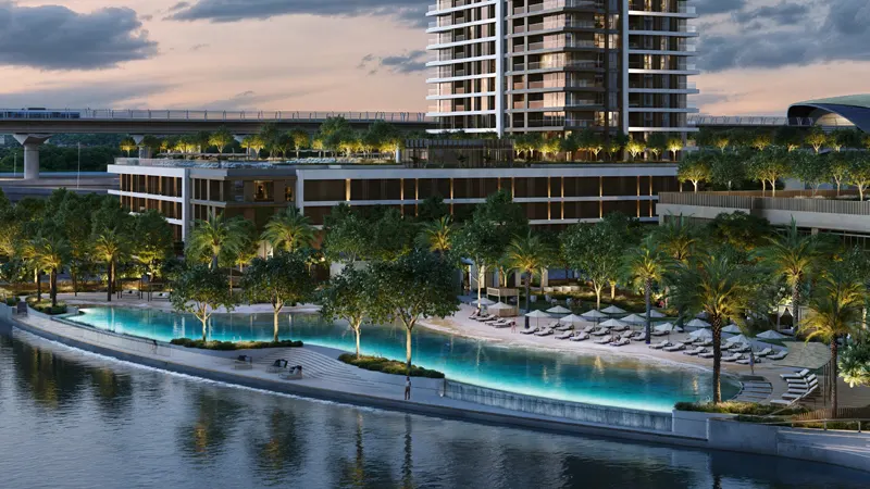 Close-up view of the private beach at Palace Residences Creek Blue, an off-plan project in Creek Harbour, Dubai.