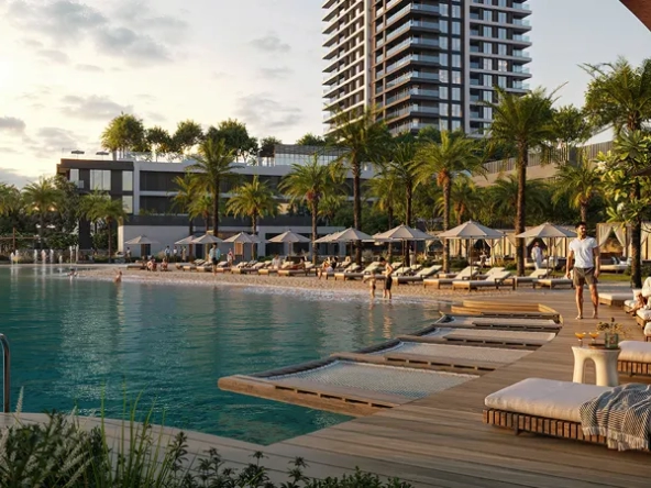 Panoramic view of the infinity pool at Palace Residences Creek Blue, an off-plan project in Creek Harbour, Dubai.