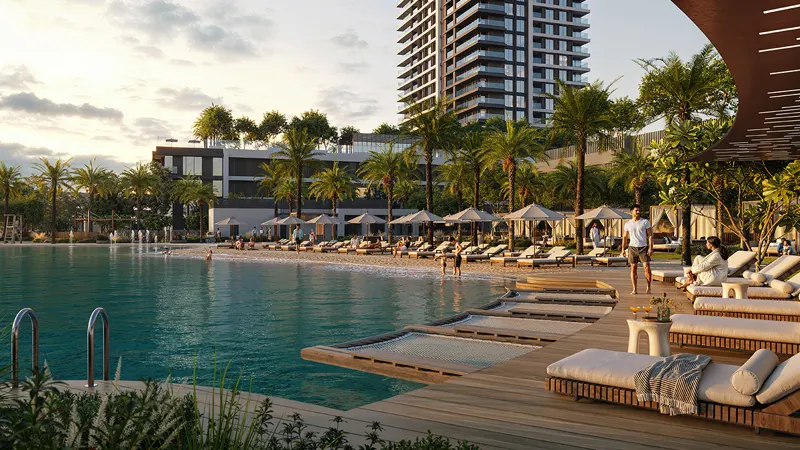 Panoramic view of the infinity pool at Palace Residences Creek Blue, an off-plan project in Creek Harbour, Dubai.