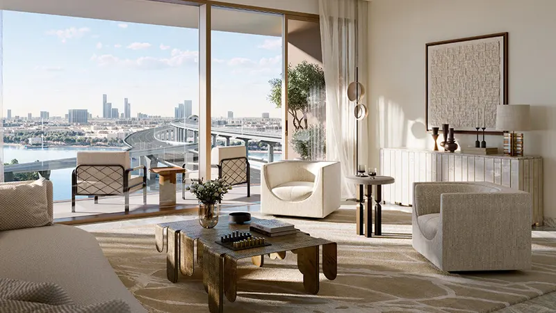 Elegant design of a typical living room at Palace Residences Creek Blue, an off-plan project in Creek Harbour, Dubai.