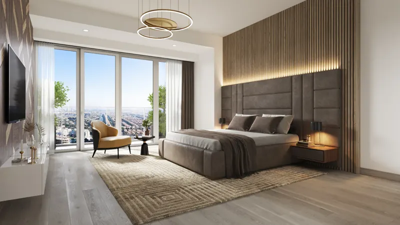 Luxurious bedroom in Me Do Re at Jumeirah Lake Towers, an off-plan project by Me Do Re Properties.