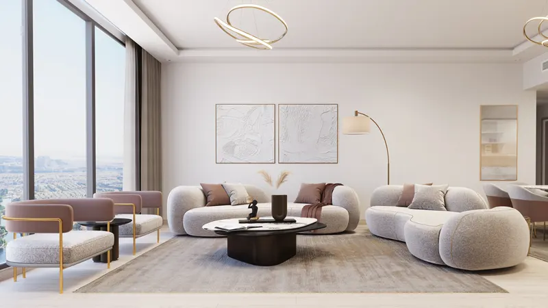 Spacious and stylish living room in Me Do Re at Jumeirah Lake Towers, an off-plan project by Me Do Re Properties.