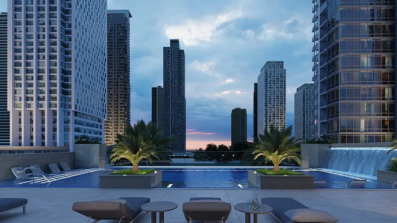 Stunning pool view from Me Do Re at Jumeirah Lake Towers, an off-plan project by Me Do Re Properties.