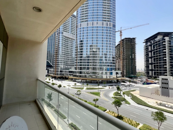 Street view from the balcony of a 1-bedroom apartment for rent in Mayfair Residency, Business Bay, Dubai.