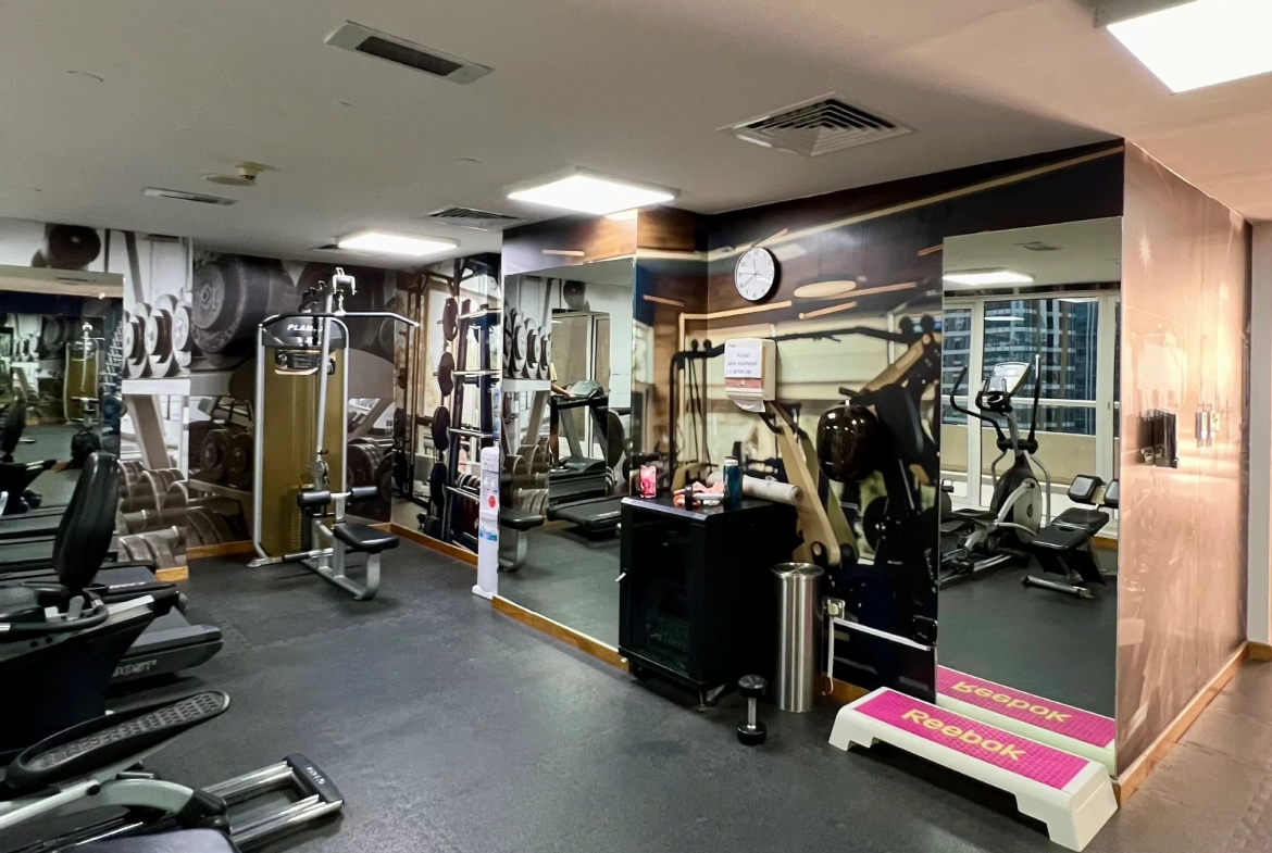 Gym available for residents of a furnished 1-bedroom apartment for rent in Mayfair Residency, Business Bay, Dubai.