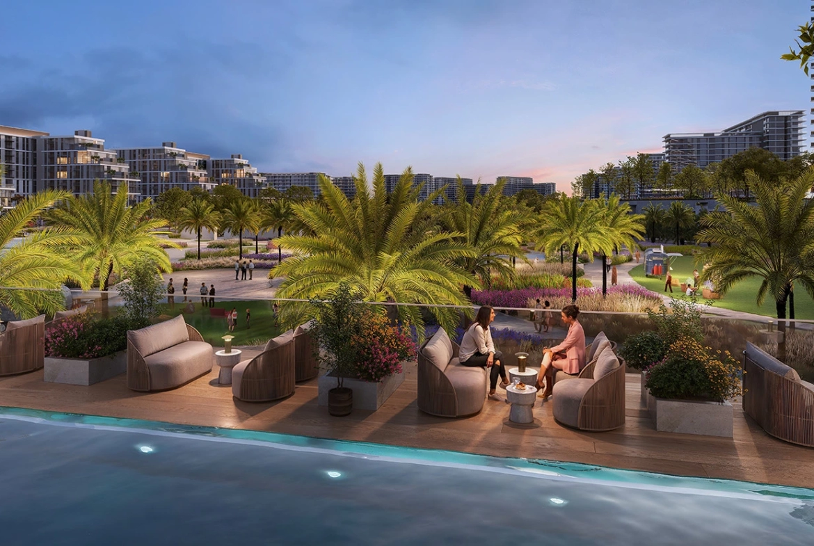 Community view near the pool at Parkland, an off-plan project at Dubai Hills Estate by Emaar in Dubai.