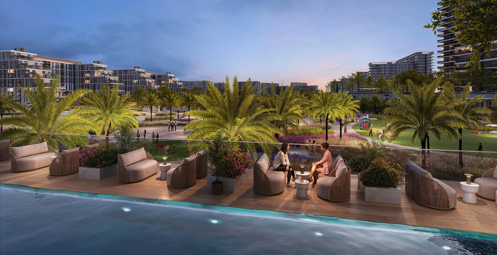 Community view near the pool at Parkland, an off-plan project at Dubai Hills Estate by Emaar in Dubai.