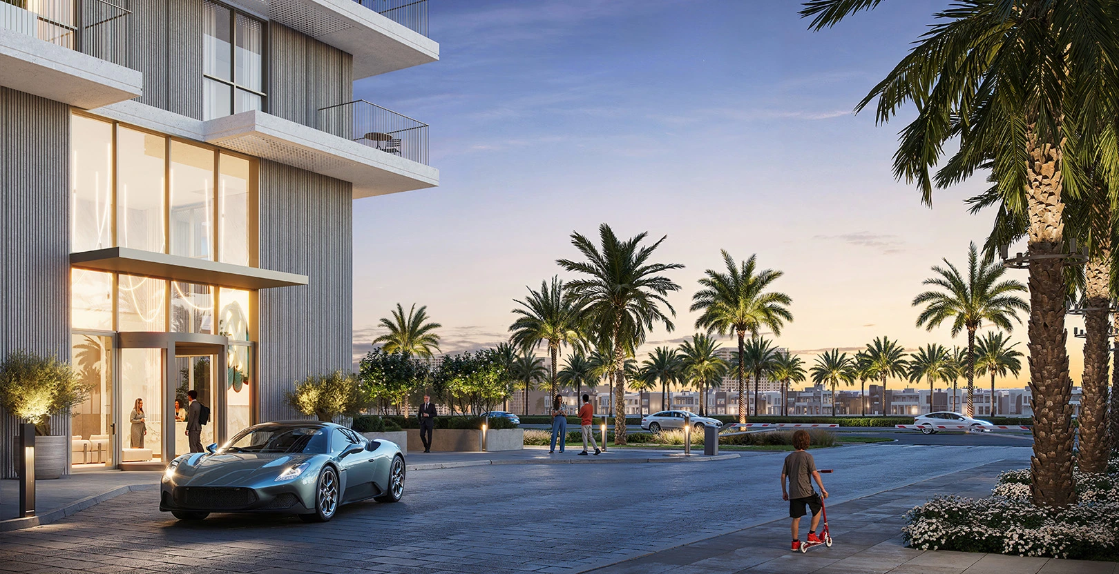 Community view of palm trees at Parkland, an off-plan project at Dubai Hills Estate by Emaar in Dubai.