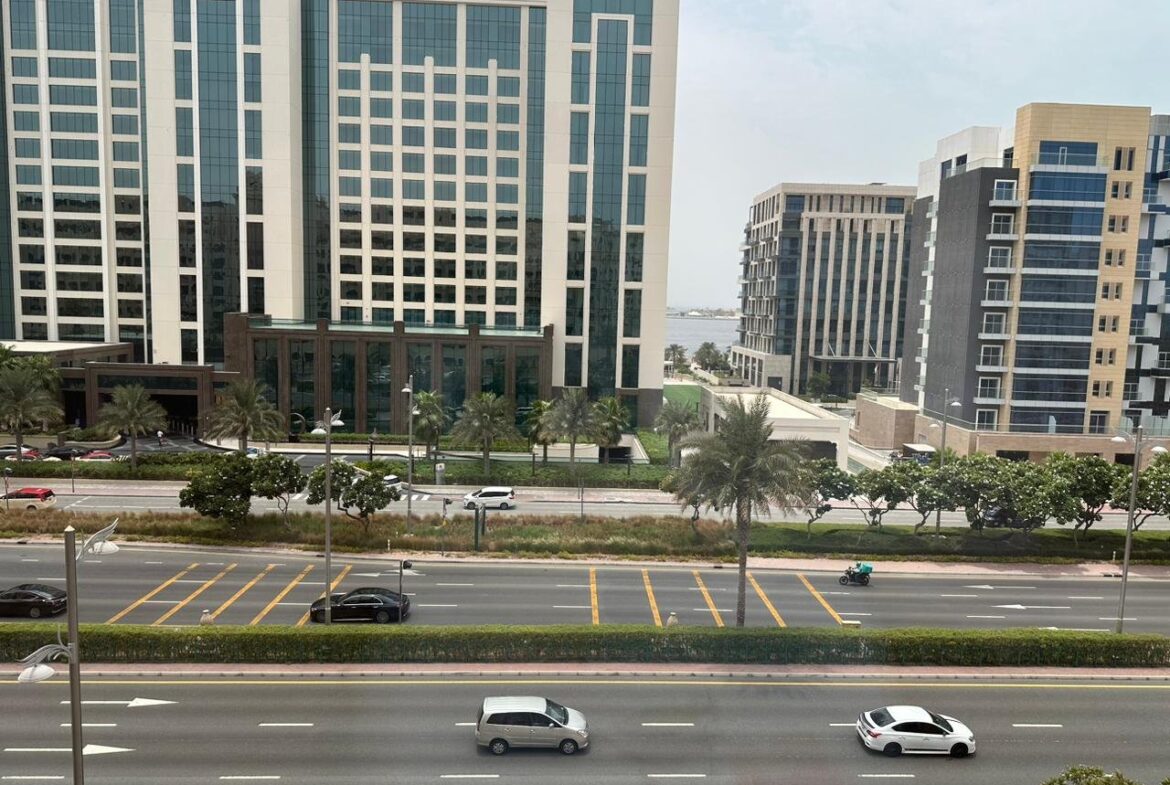 Street view from the balcony of a 2-bedroom apartment for rent in Golden Mile 5, Palm Jumeirah, Dubai.