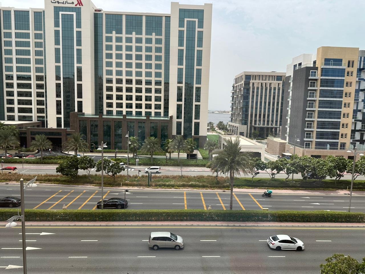 Street view from the balcony of a 2-bedroom apartment for rent in Golden Mile 5, Palm Jumeirah, Dubai.