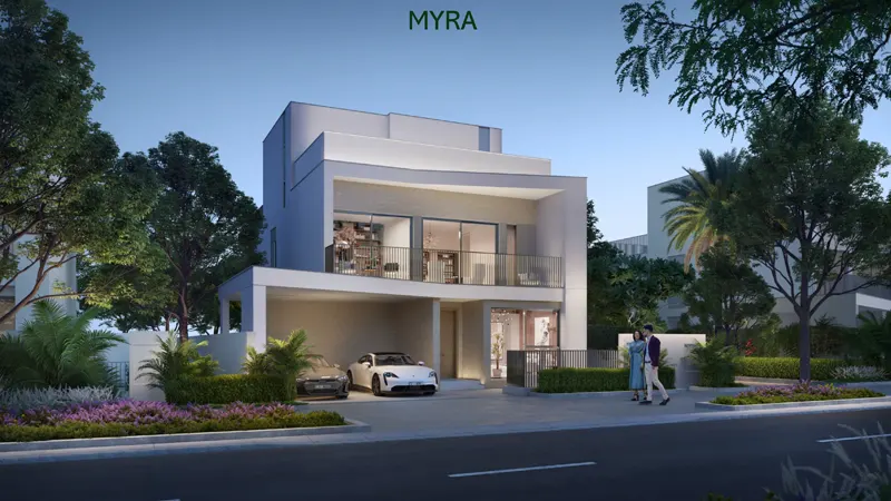 Contemporary exterior of Golf Lane Villa MYRA, an off-plan project by Emaar in Emaar South.