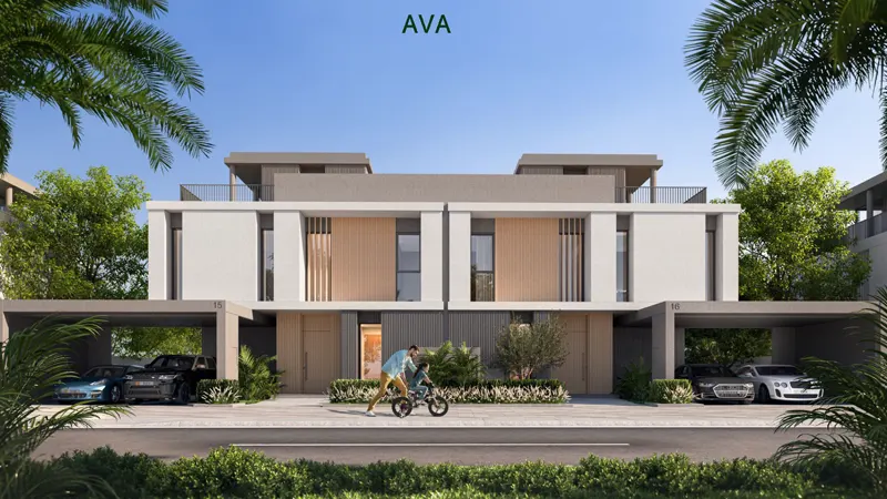 Modern exterior view of Golf Lane Villa AVA, an off-plan project by Emaar in Emaar South.