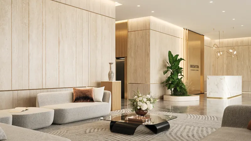 Further view of the sample living room in Helvetia Residences, an off-plan project in JVC, Dubai