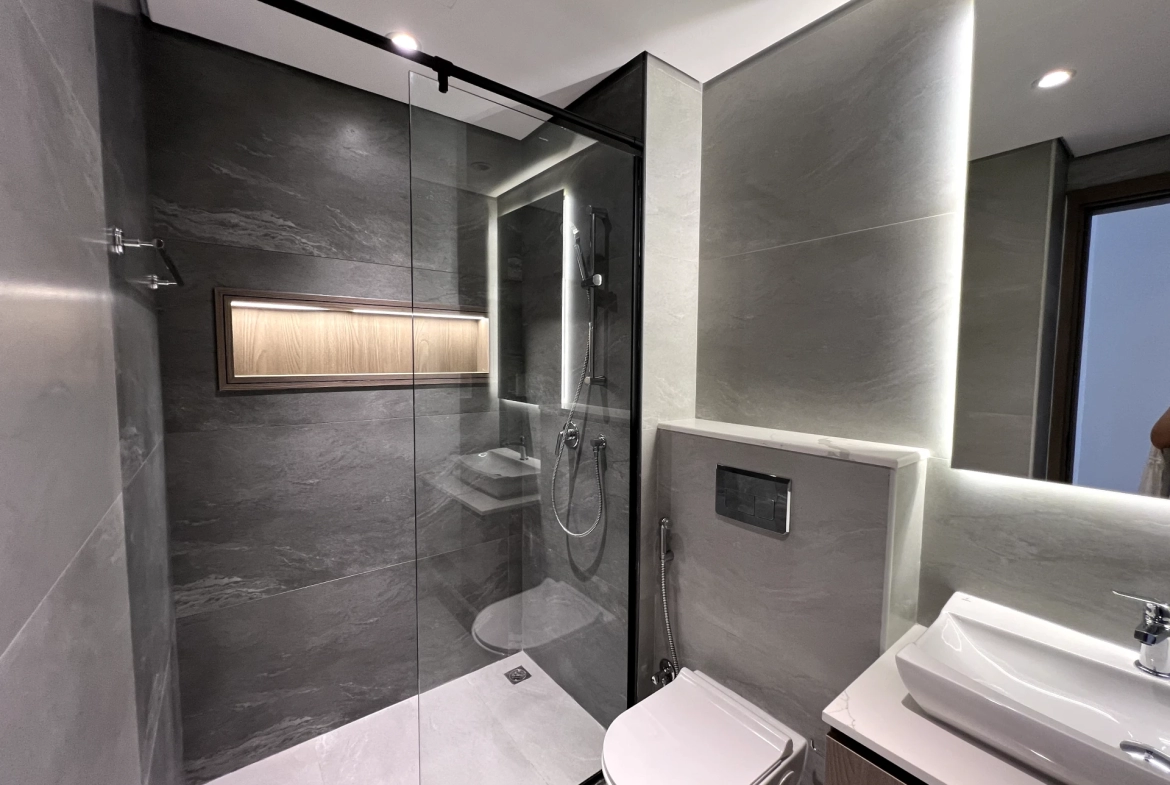 Bathroom in a 1-bedroom apartment for rent in Laya Heights, Studio City, Dubai.