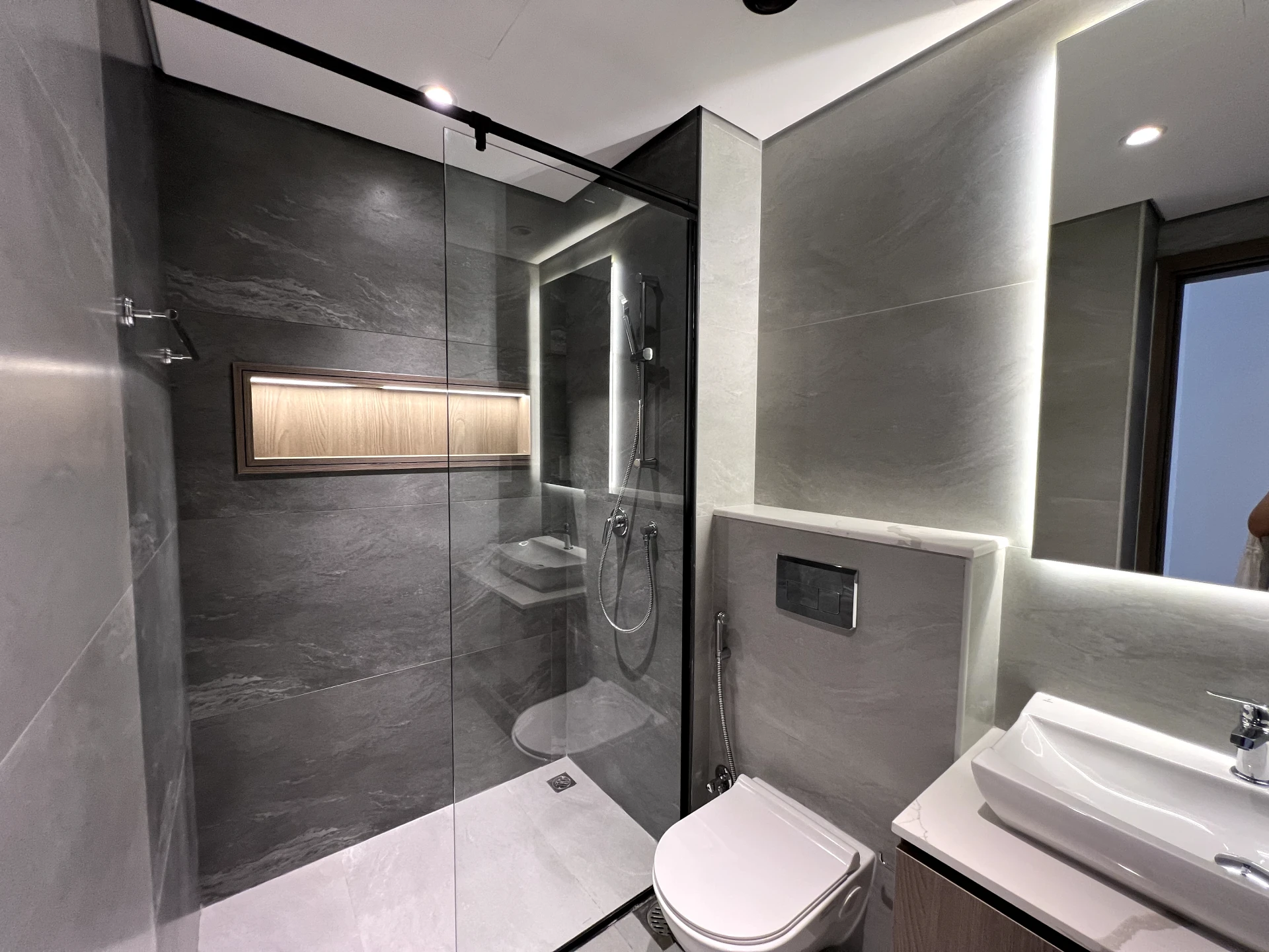 Bathroom in a 1-bedroom apartment for rent in Laya Heights, Studio City, Dubai.