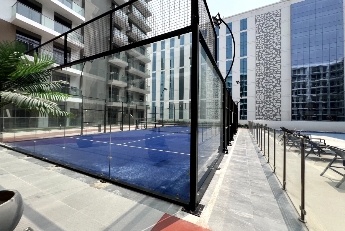 Padel court in Laya Heights, Studio City, Dubai, available for residents.