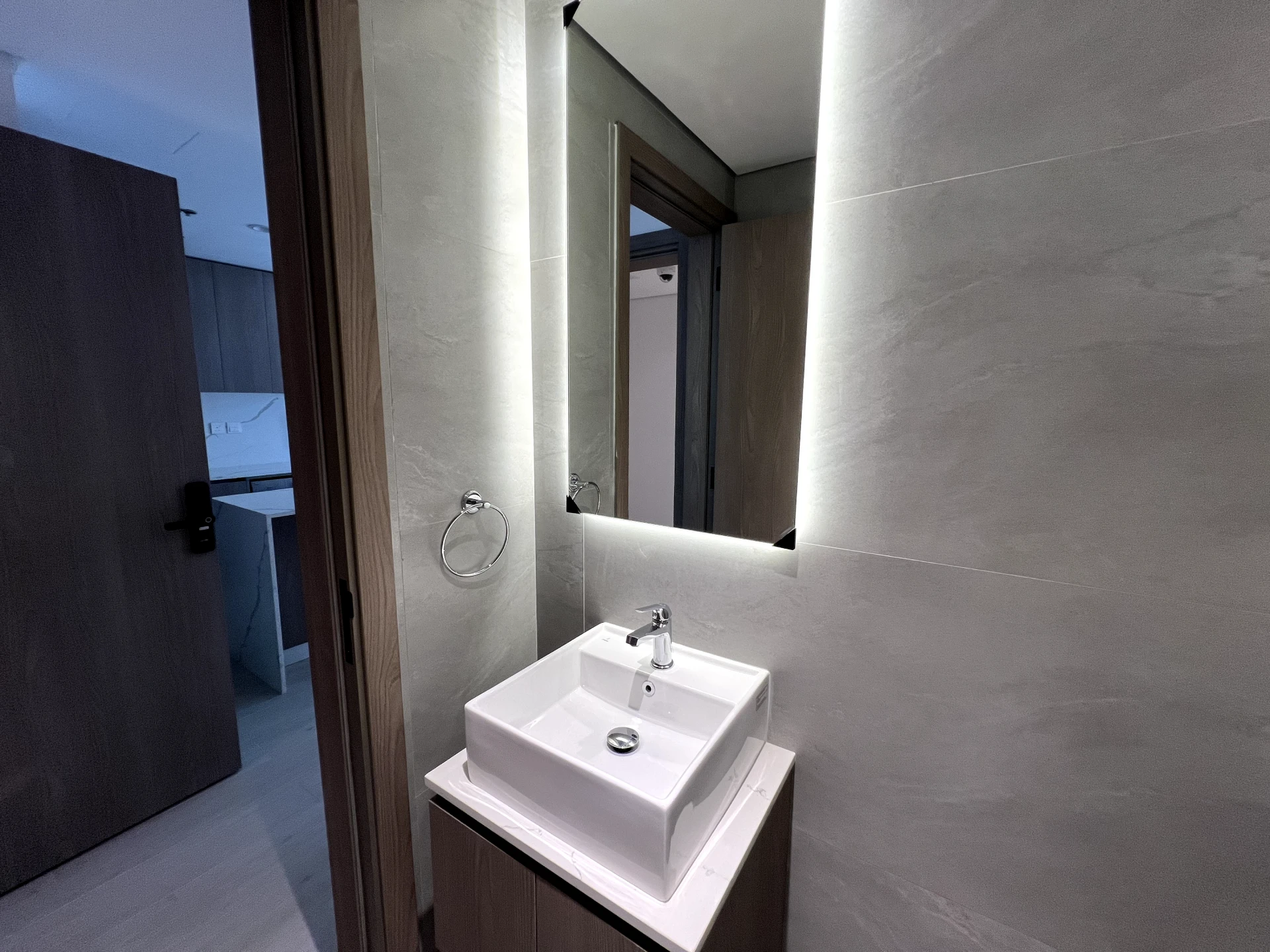 Bathroom in a 1-bedroom apartment for rent in Laya Heights, Studio City, Dubai.