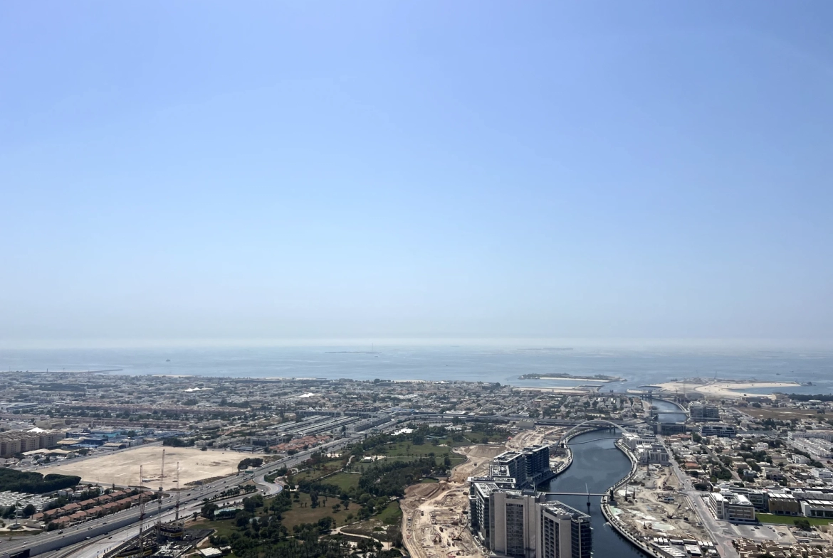 View from a resale 3-bedroom apartment in Amna Al Habtoor, Dubai, overlooking the city skyline.